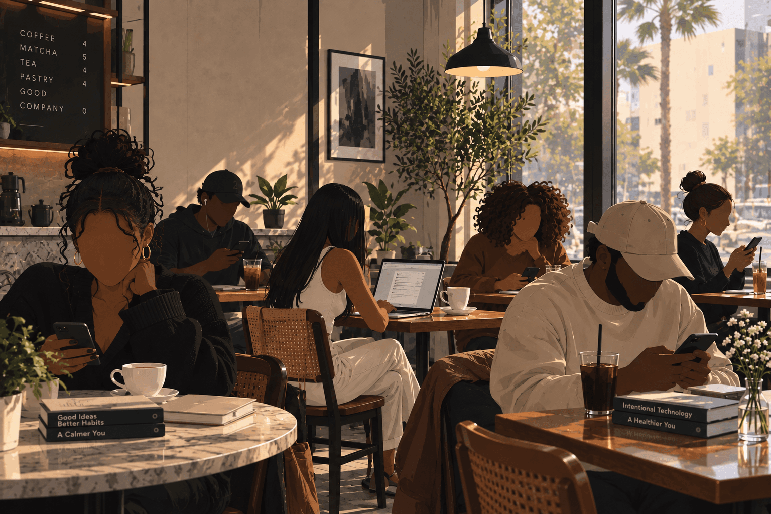 A sunlit coffee shop where most of the people seated at tables are looking down at their phones, with one person working on a laptop; books stacked on the tables carry titles like "Intentional Technology" and "A Calmer You."