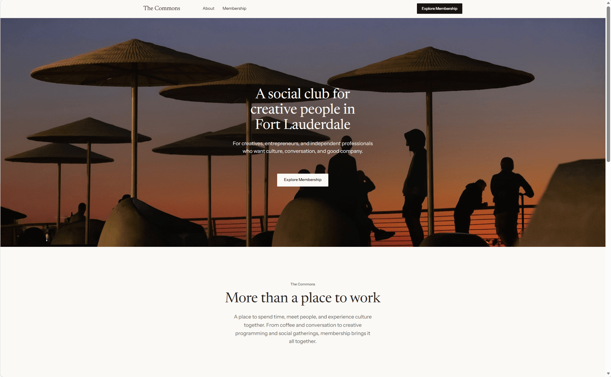 The Commons homepage: a navigation bar with About, Membership, and an Explore Membership button above a sunset photo of people beneath woven umbrellas, with the headline “A social club for creative people in Fort Lauderdale.”