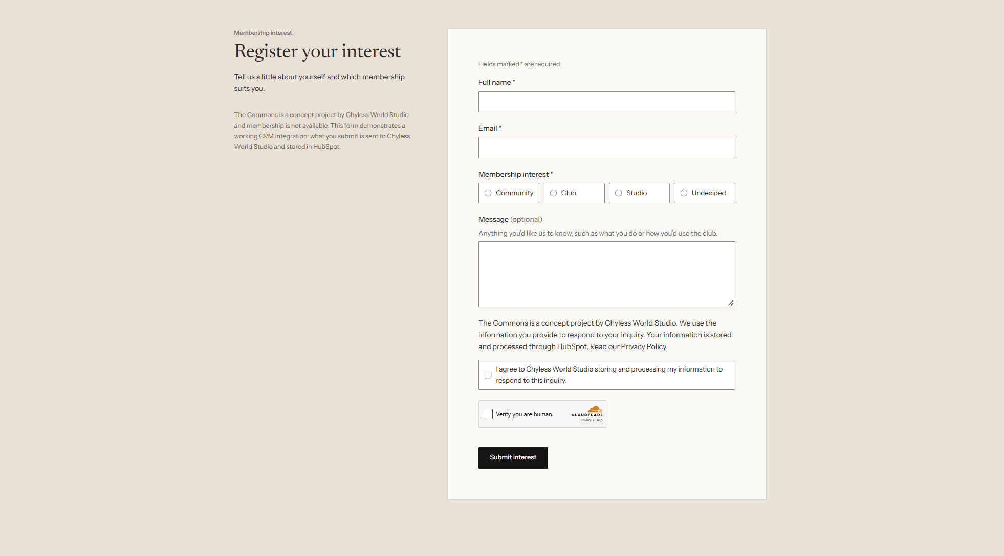 The Commons membership inquiry form, with fields for full name, email, membership interest, and an optional message, followed by a privacy notice, a consent checkbox, a Cloudflare Turnstile verification widget, and a Submit interest button.
